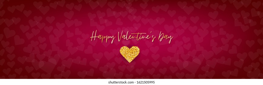 Valentines Day banner background. Simple design with gilden glitter heart. Vector illustration.