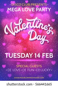 Valentines Day banner or background template with blurred hearts and glitter texture confetti. Love party poster with 3d white hand lettering text on purple and pink. Colorful font vector illustration