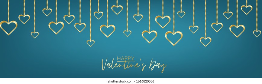Valentines Day banner background or website header with hanging golden 3d hearts. Love design concept. Romantic invitation or sale offer promo. Vector illustration.