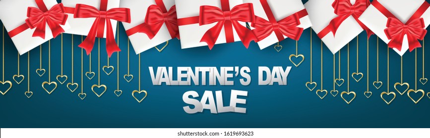 Valentines Day banner background or website header with hanging golden 3d hearts and gift boxes with red bow and ribbon. Love design concept. Romantic invitation or sale promo. Vector illustration.