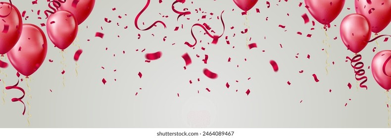 Anuncio de San Valentín con globos y confeti. Ilustración vectorial