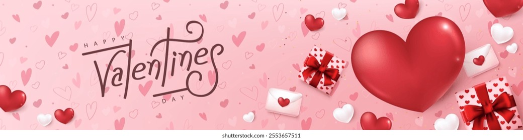 Valentines day banner card background with festive heart shaped and gift decoration frame and calligraphy of valentines day