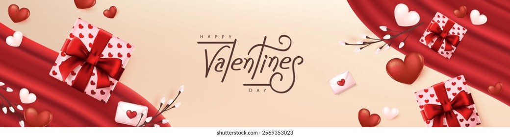 Valentines day banner card background layout template with gift box and heart shape