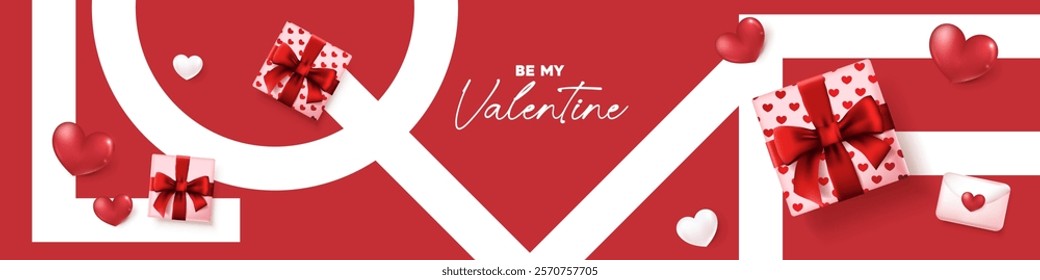 Valentines day banner card background with festive heart shaped and gift decoration frame 