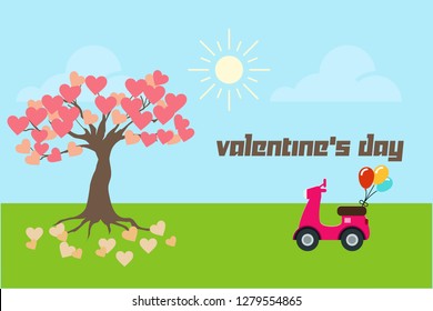 Valentine's Day banner or card with a motorcycle And the tree of love