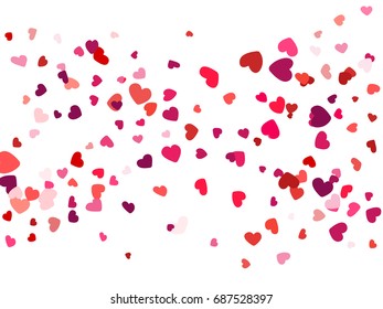 Valentine's day banner or card template. Flying heart confetti vector pattern. Holiday decoration with tenderness and love mood. Red, pink, cherry, crimson scatter of heart doodles