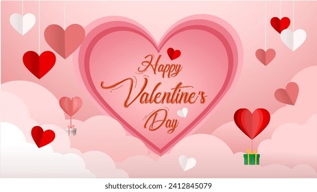 Valentine's day banner, card, wallpaper, template, poster with pink color background. Valentine day with paper cut love and clouds