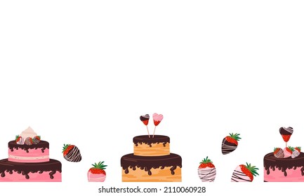 Valentines day banner with chocolate strawberries, cupcakes, very tasty. Strawberries, cream cake, berry candies on a heart-shaped stick. Vector flat illustration on an isolated white background.