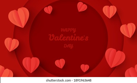 Valentines day banner with circle for show product. Red hearts background. Greeting card. Paper cut and craft style illustration