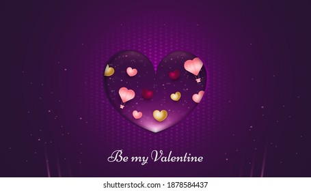 Valentine's Day banner with colorful hearts and hot air balloons on paper background. Holiday gift card. Romantic background with 3d decorative objects. Vector illustration
