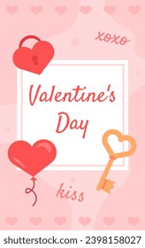 Valentines day banner concept. International holiday of love and romance. Heart shaped lock and golden key. Template and layout. Cartoon flat vector collection isolated on pink background