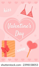 Valentines day banner concept. International holiday of love and romance. Heart shaped candy and gift box. Social media cover. Cartoon flat vector collection isolated on pink background