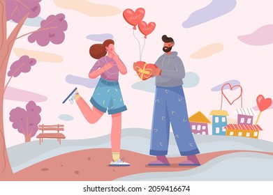 Valentines day banner. Couple in love together, man gives chocolate candy to woman at city park background. Seasonal holiday poster. Vector illustration for backdrop or placard in flat cartoon design