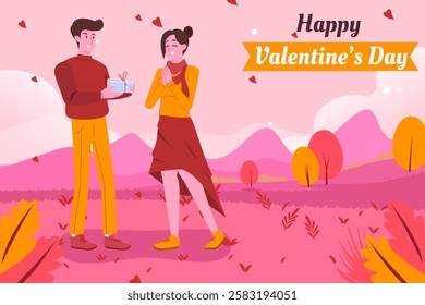 Valentines day banner. Couple in love together, man gives gift box to woman at nature park background. Seasonal holiday poster. Vector illustration for backdrop or placard in flat cartoon design