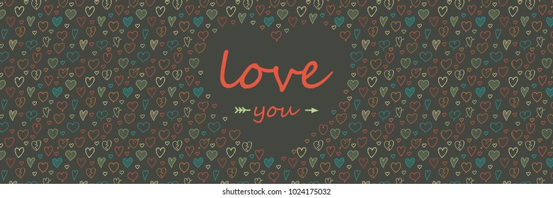 Valentine's Day - banner with cute hand drawn hearts. Vector.