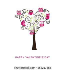 Valentines day banner with cute owls and a tree made out of heart. Vector illustration.