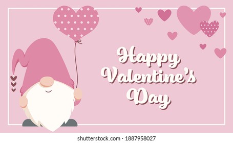 Valentine's Day banner with cute Scandinavian gnome, heart shape balloon, and hearts. Flat vector illustration.