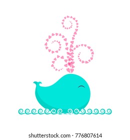 Valentines day banner with cute whale with hearts are gushing forth. Vector illustration eps 10.