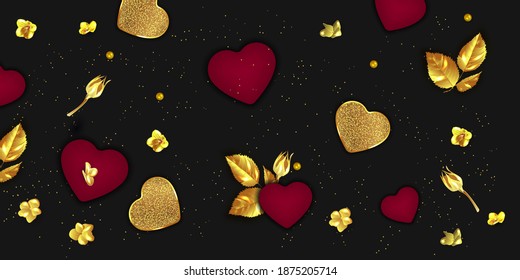 Valentine's Day banner. Dark poster. Background, poster, greeting card with golden flower and decorative hearts. 