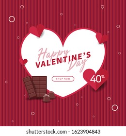 valentine's day banner decorated with heart papers cut and chocolates. special day design for web page, cover, banner, event, promotion, greeting card. lovely concept vector design.