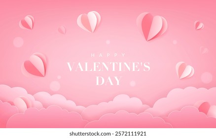Valentine's Day banner design with abstract clouds and hearts in pink background