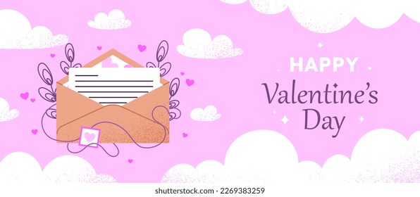 Valentines day banner. Design element for greeting postcard. Envelope with letter against pink sky with white clouds. Love, romance and tenderness. Happy holiday. Cartoon flat vector illustration