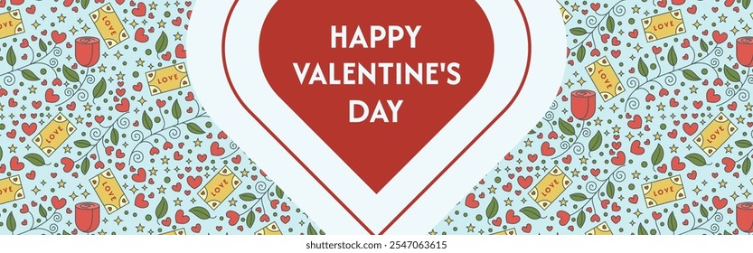 Valentine's Day banner design with hearts, letters, stars, flowers, and leaves. Vector Illustration.