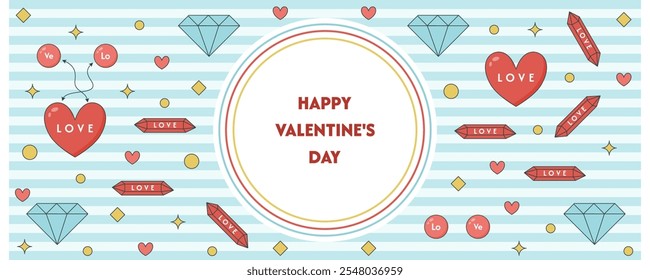 Valentine's Day banner design with hearts, diamonds, and minerals. Vector Illustration.