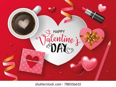 Valentines day banner design with lettering, coffee cup and paper note heart shape. Flat lay style