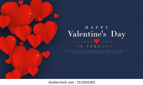 Valentine's day banner design with red paper hearts on dark blue background. Elegant vector greeting card with space for your text. Suit for flyer, invitation, poster, brochure, banner.