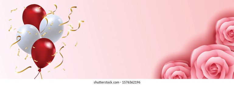 Valentines Day Banner Designs Creative concepts, balloons, confetti glitter scattering and roses contained on a pink gradation background. Copy space text area, vector illustration.