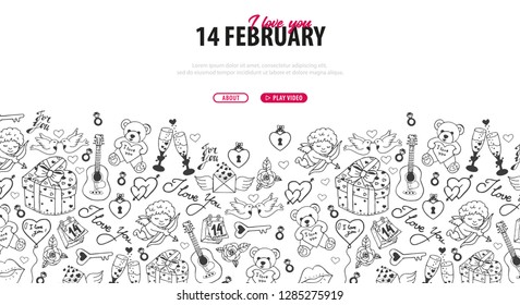 Valentines Day banner with doodle background. 14 February. Vector Illustration