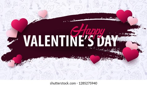 Valentines Day banner with doodle background. 14 February. Vector Illustration