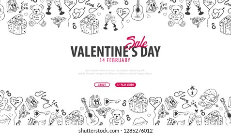 Valentines Day banner with doodle background. 14 February. Vector Illustration