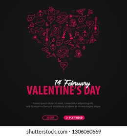 Valentines Day banner with doodle background. 14 February. Vector Illustration