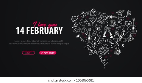 Valentines Day banner with doodle background. 14 February. Vector Illustration