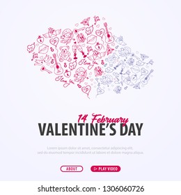 Valentines Day banner with doodle background. 14 February. Vector Illustration