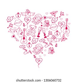 Valentines Day banner with doodle background. 14 February. Vector Illustration