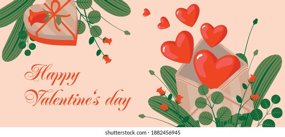 Valentine's day banner with envelope, heart, gift and roses. Happy Valentine's day greeting. Vector.