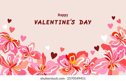 Valentine's Day banner, exotic abstract flowers, hearts, Romantic Happy.  Greeting vector illustration, love card, valentine, message on social networks, marketing, advertising, discounts