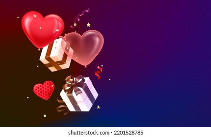 Valentines day banner with falling gift boxes and air balloons. 3d vector banner with copy space
