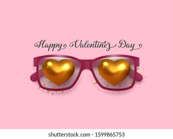 Valentine's day banner. Falling in love concept with pink glasses and metallic golden hearts. Realistic design, flat pink background, handwritten lettering text. Vector.