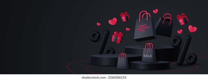 Valentine's day banner featuring a black gift box, shopping bag, discount balloon and product display podium. Social media template, discount sale promotion, greeting card, voucher web.