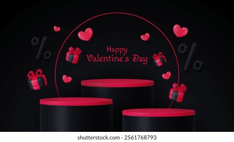 Valentine's day banner featuring a black gift box, shopping bag, discount balloon and product display podium. Social media template, discount sale promotion, greeting card, voucher web.