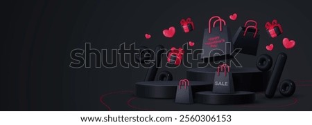 Valentine's day banner featuring a black gift box, shopping bag, discount balloon and product display podium. Social media template, discount sale promotion, greeting card, voucher web.