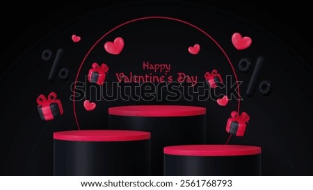 Valentine's day banner featuring a black gift box, shopping bag, discount balloon and product display podium. Social media template, discount sale promotion, greeting card, voucher web.