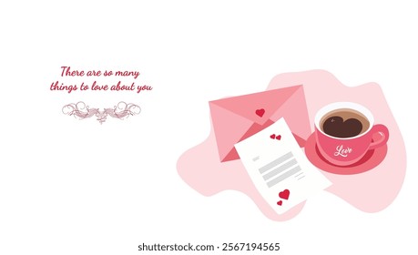 Valentine's Day banner featuring a love-themed coffee cup, pink envelope, and heartfelt message. Perfect for romantic promotions, social media posts, and event advertisements