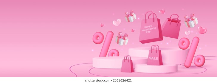 Valentine's day banner featuring a pink gift box, shopping bag, discount balloon and product display podium. Social media template, discount sale promotion, greeting card, voucher web.