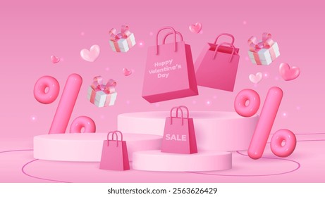 Valentine's day banner featuring a pink gift box, shopping bag, discount balloon and product display podium. Social media template, discount sale promotion, greeting card, voucher web.