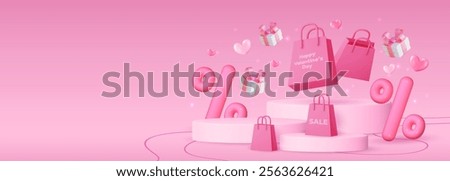 Valentine's day banner featuring a pink gift box, shopping bag, discount balloon and product display podium. Social media template, discount sale promotion, greeting card, voucher web.